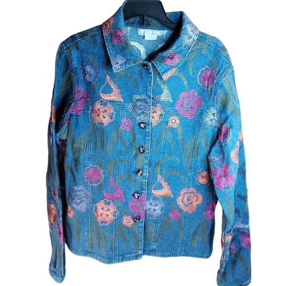Ann Trinity embroidered denim Jean jacket small 55% linen - Picture 1 of 13